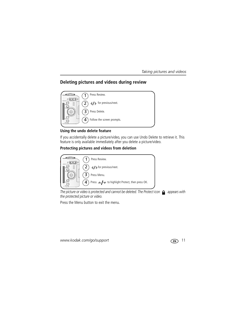 Deleting pictures and videos during review, Using the undo delete feature, Protecting pictures and videos from deletion | Kodak EASYSHARE C633 User Manual | Page 17 / 69