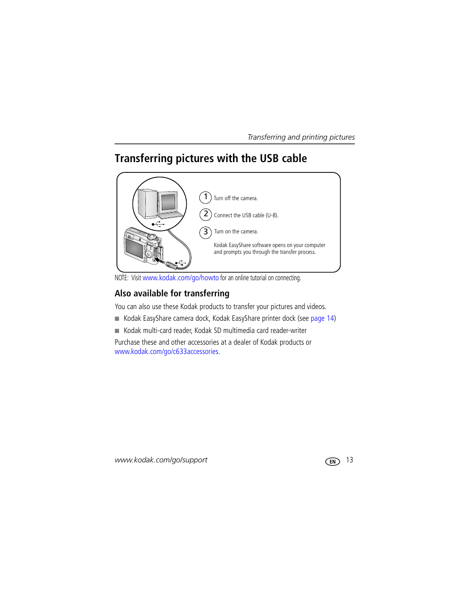 Transferring pictures with the usb cable, Also available for transferring | Kodak EASYSHARE C633 User Manual | Page 19 / 69