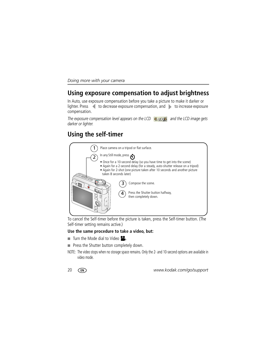Using exposure compensation to adjust brightness, Using the self-timer | Kodak EASYSHARE C633 User Manual | Page 26 / 69