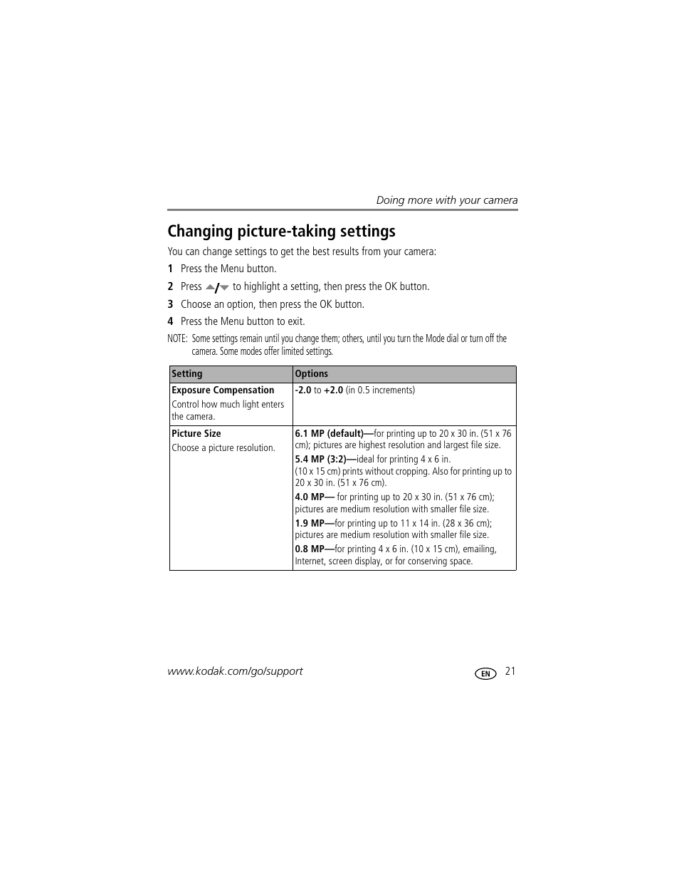Changing picture-taking settings | Kodak EASYSHARE C633 User Manual | Page 27 / 69