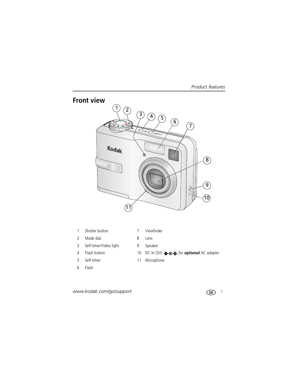 Product features, Front view | Kodak EASYSHARE C633 User Manual | Page 3 / 69