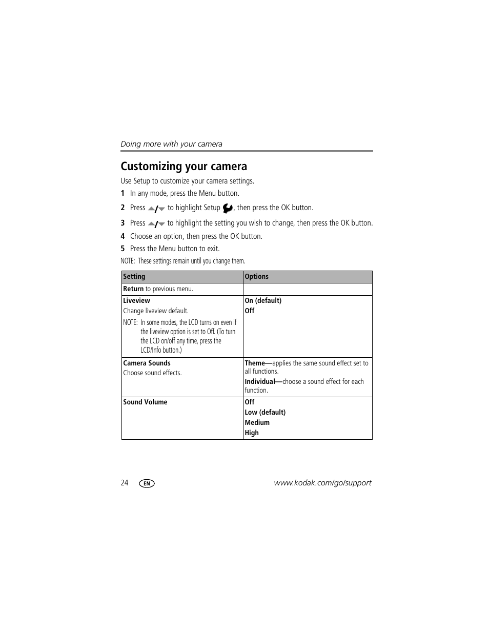 Customizing your camera | Kodak EASYSHARE C633 User Manual | Page 30 / 69
