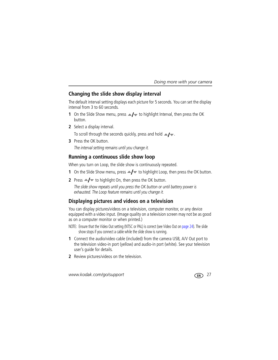 Changing the slide show display interval, Running a continuous slide show loop, Displaying pictures and videos on a television | Kodak EASYSHARE C633 User Manual | Page 33 / 69