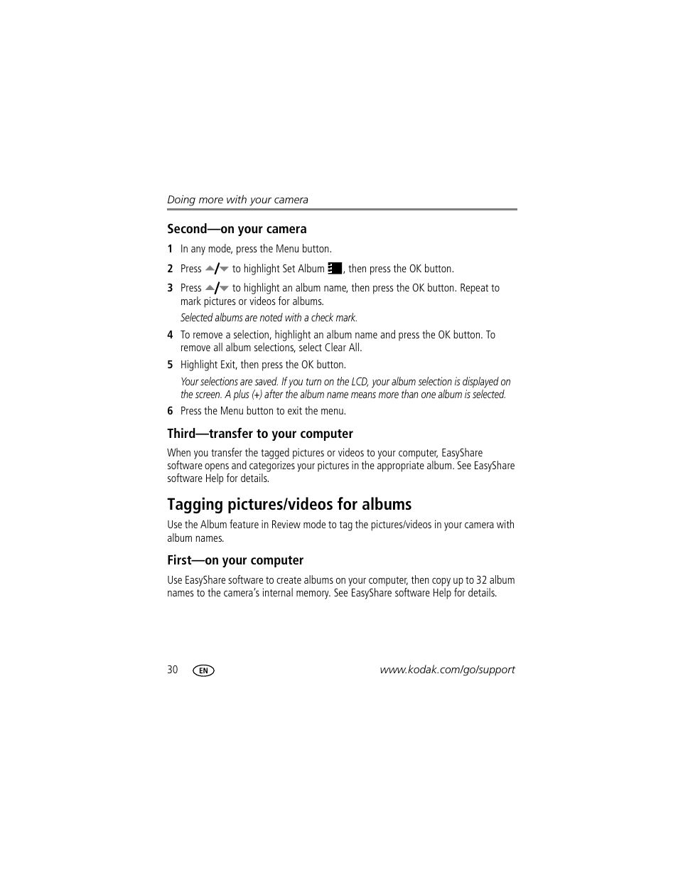 Second-on your camera, Third-transfer to your computer, Tagging pictures/videos for albums | First-on your computer | Kodak EASYSHARE C633 User Manual | Page 36 / 69