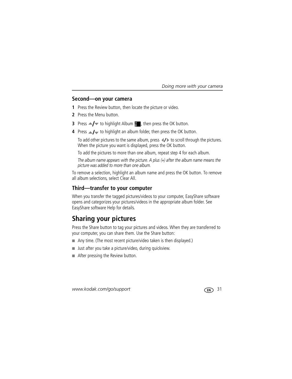 Second-on your camera, Third-transfer to your computer, Sharing your pictures | Kodak EASYSHARE C633 User Manual | Page 37 / 69
