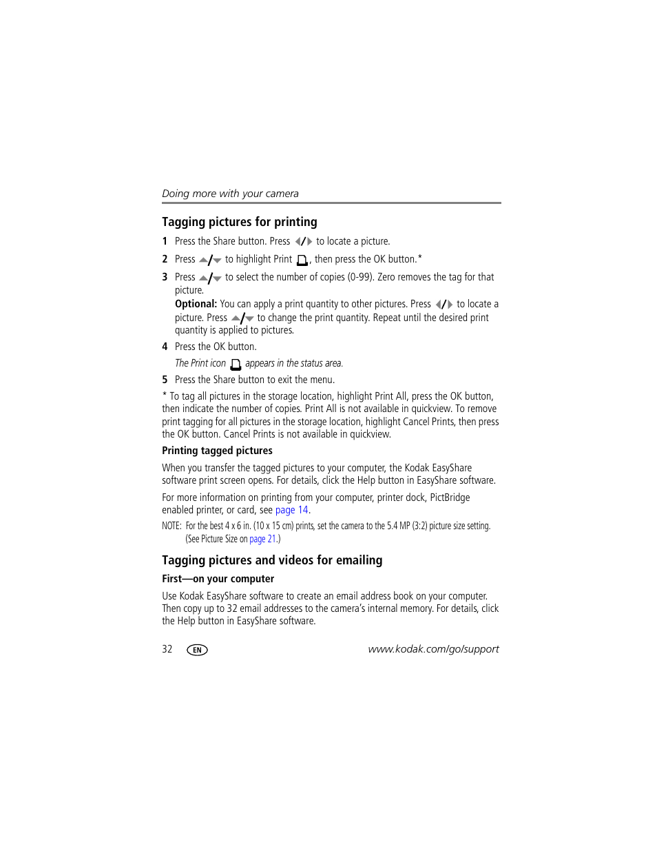 Tagging pictures for printing, Printing tagged pictures, Tagging pictures and videos for emailing | First-on your computer | Kodak EASYSHARE C633 User Manual | Page 38 / 69