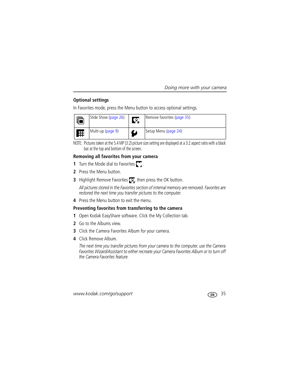 Optional settings, Removing all favorites from your camera | Kodak EASYSHARE C633 User Manual | Page 41 / 69