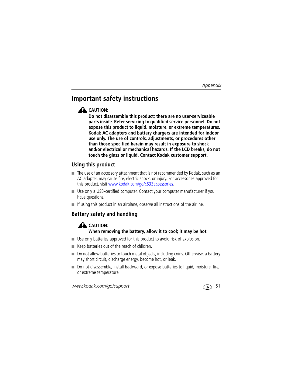 Important safety instructions, Using this product, Battery safety and handling | Kodak EASYSHARE C633 User Manual | Page 57 / 69