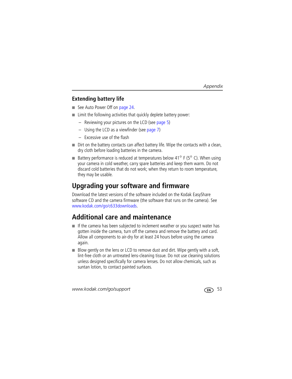 Extending battery life, Upgrading your software and firmware, Additional care and maintenance | Kodak EASYSHARE C633 User Manual | Page 59 / 69