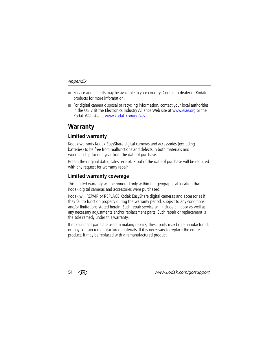 Warranty, Limited warranty, Limited warranty coverage | Kodak EASYSHARE C633 User Manual | Page 60 / 69