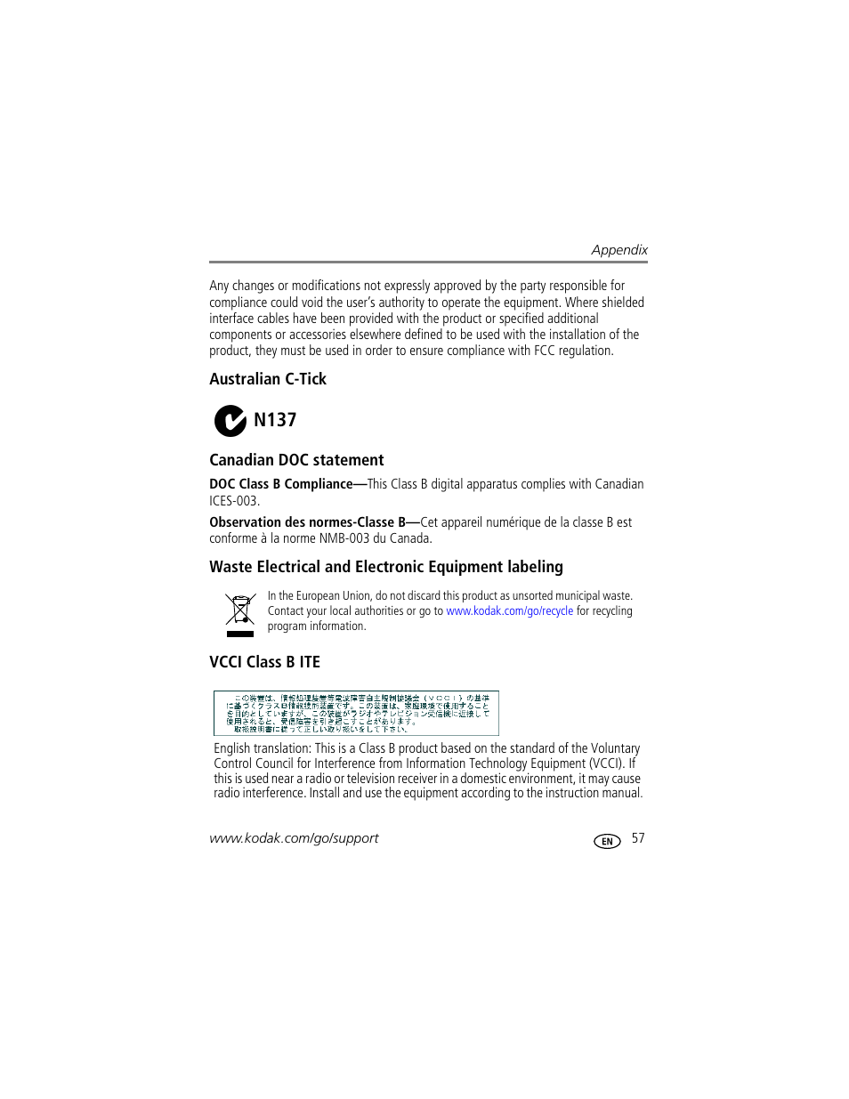 Australian c-tick, Canadian doc statement, Waste electrical and electronic equipment labeling | Vcci class b ite, N137 | Kodak EASYSHARE C633 User Manual | Page 63 / 69