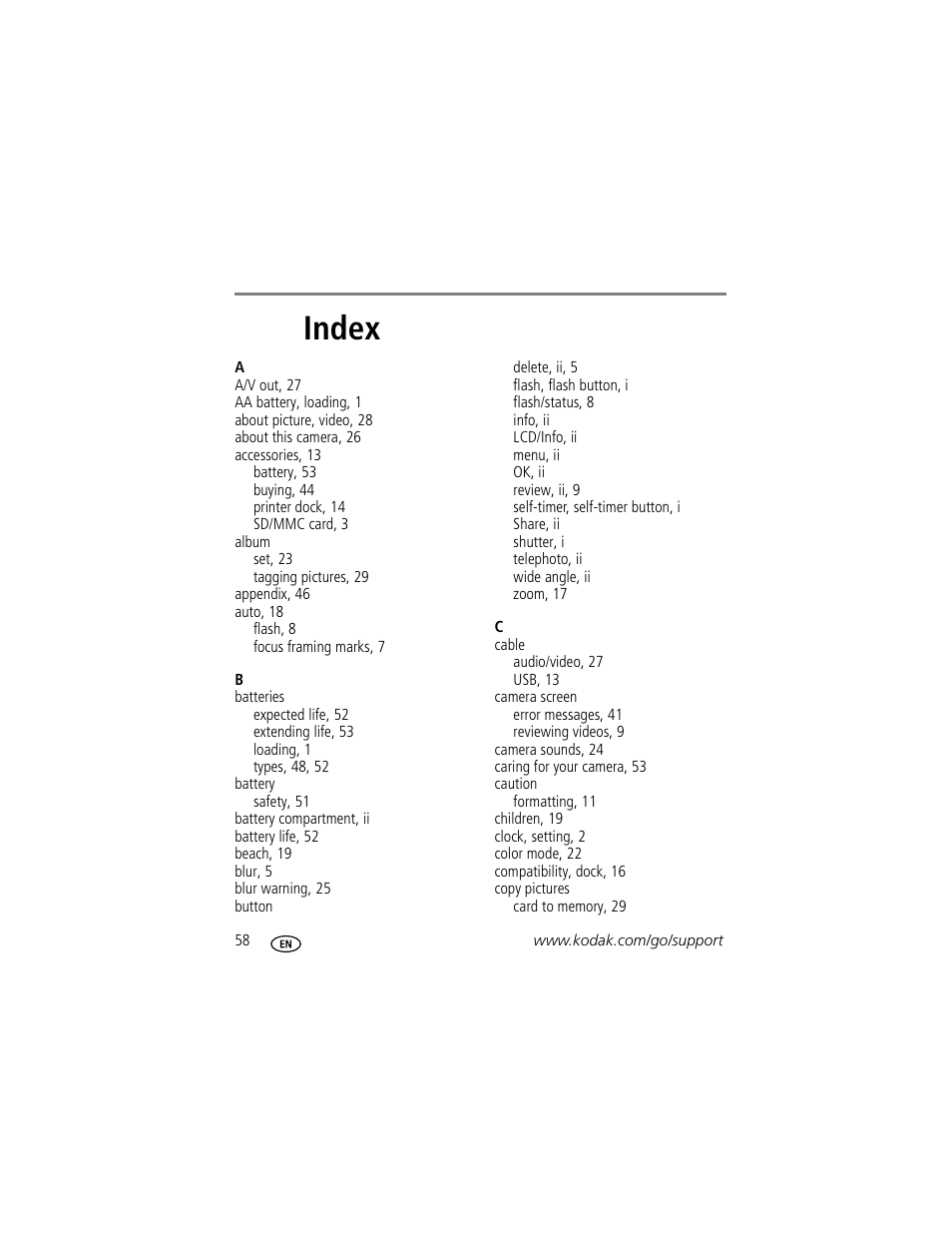 Index | Kodak EASYSHARE C633 User Manual | Page 64 / 69