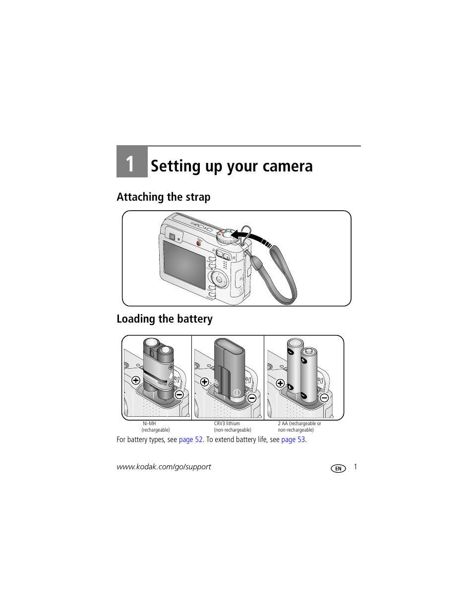Setting up your camera, Attaching the strap, Loading the battery | 1 setting up your camera, Attaching the strap loading the battery | Kodak EASYSHARE C633 User Manual | Page 7 / 69