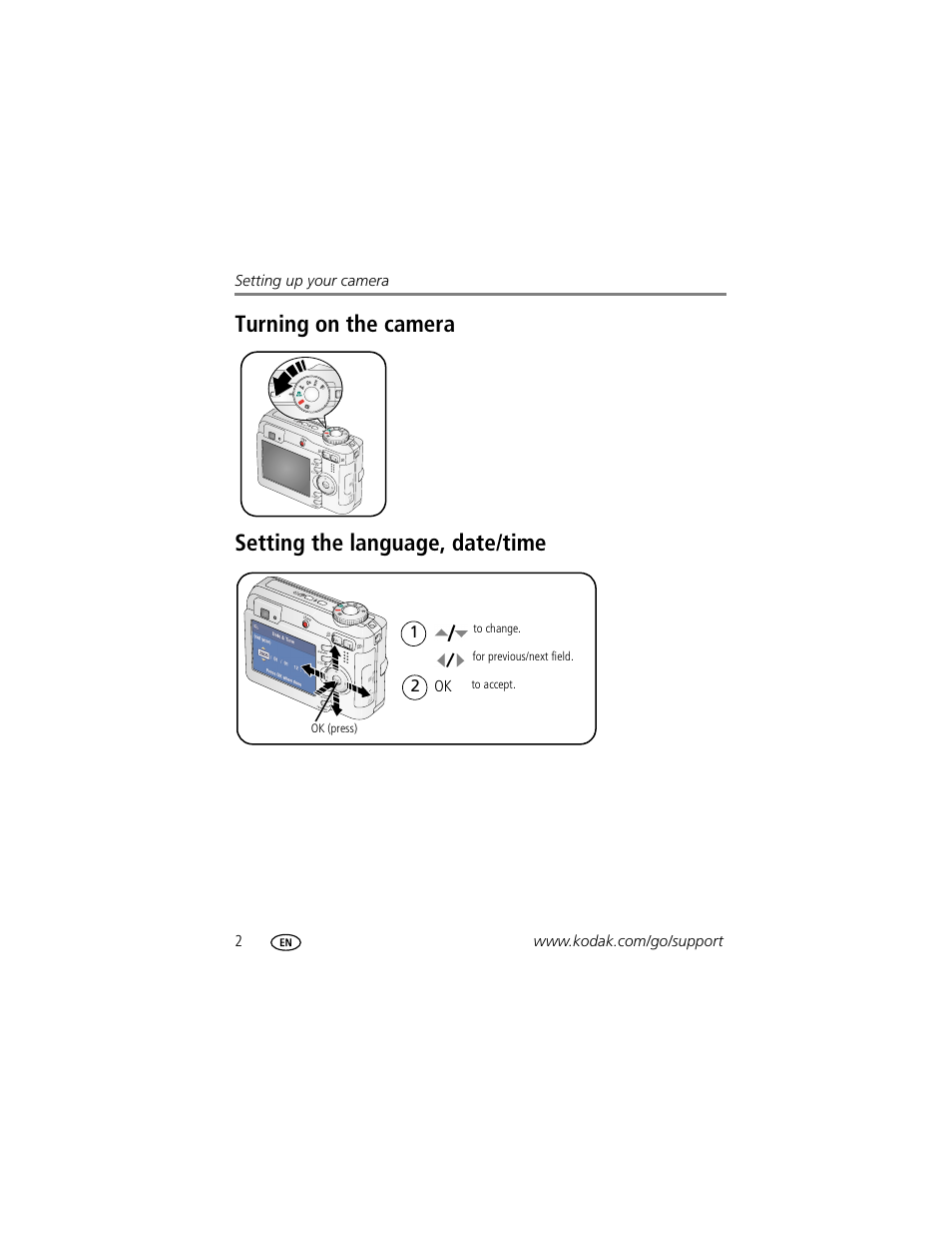 Turning on the camera, Setting the language, date/time | Kodak EASYSHARE C633 User Manual | Page 8 / 69