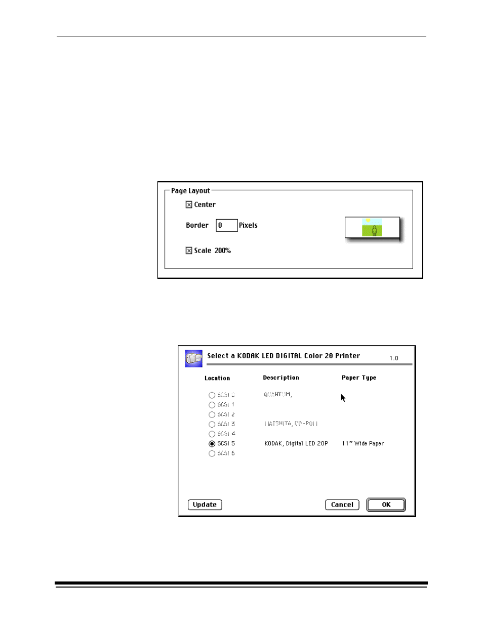 Option descriptions, Select an led printer dialog box, Page layout attributes | Kodak RP 50 2J0686 User Manual | Page 186 / 198