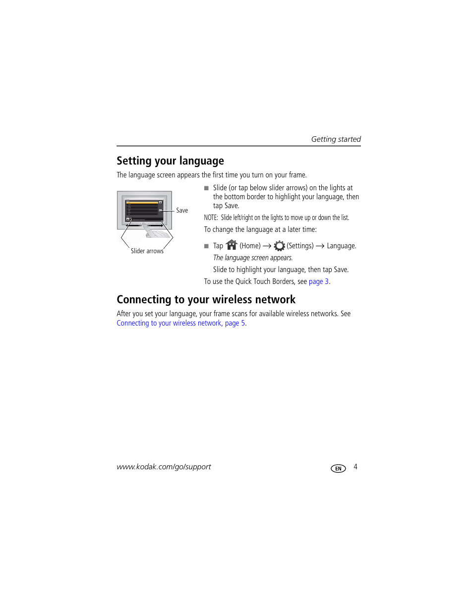 Setting your language, Connecting to your wireless network | Kodak EASYSHARE W820 User Manual | Page 11 / 92