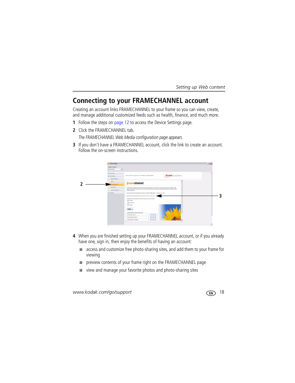 Connecting to your framechannel account | Kodak EASYSHARE W820 User Manual | Page 25 / 92