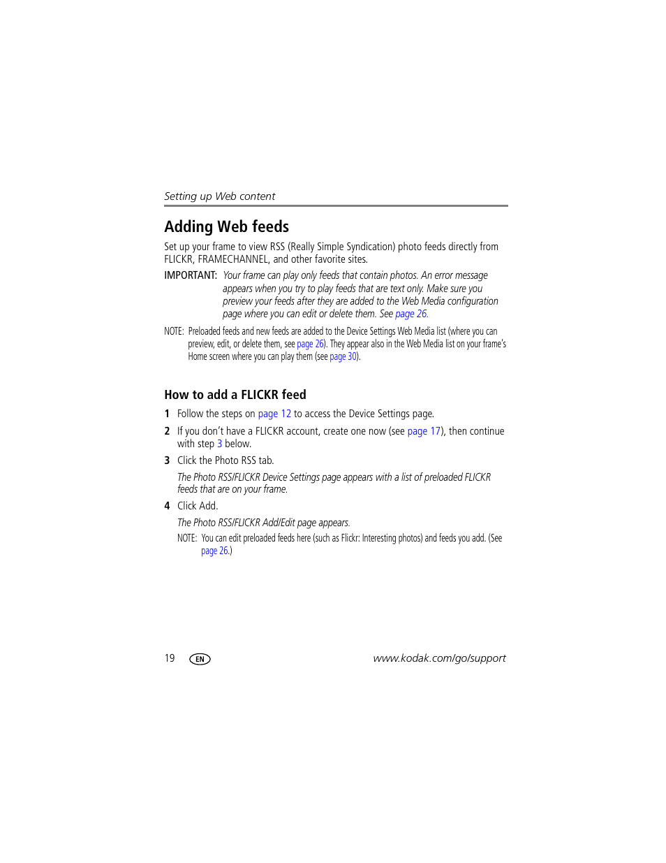 Adding web feeds, How to add a flickr feed | Kodak EASYSHARE W820 User Manual | Page 26 / 92