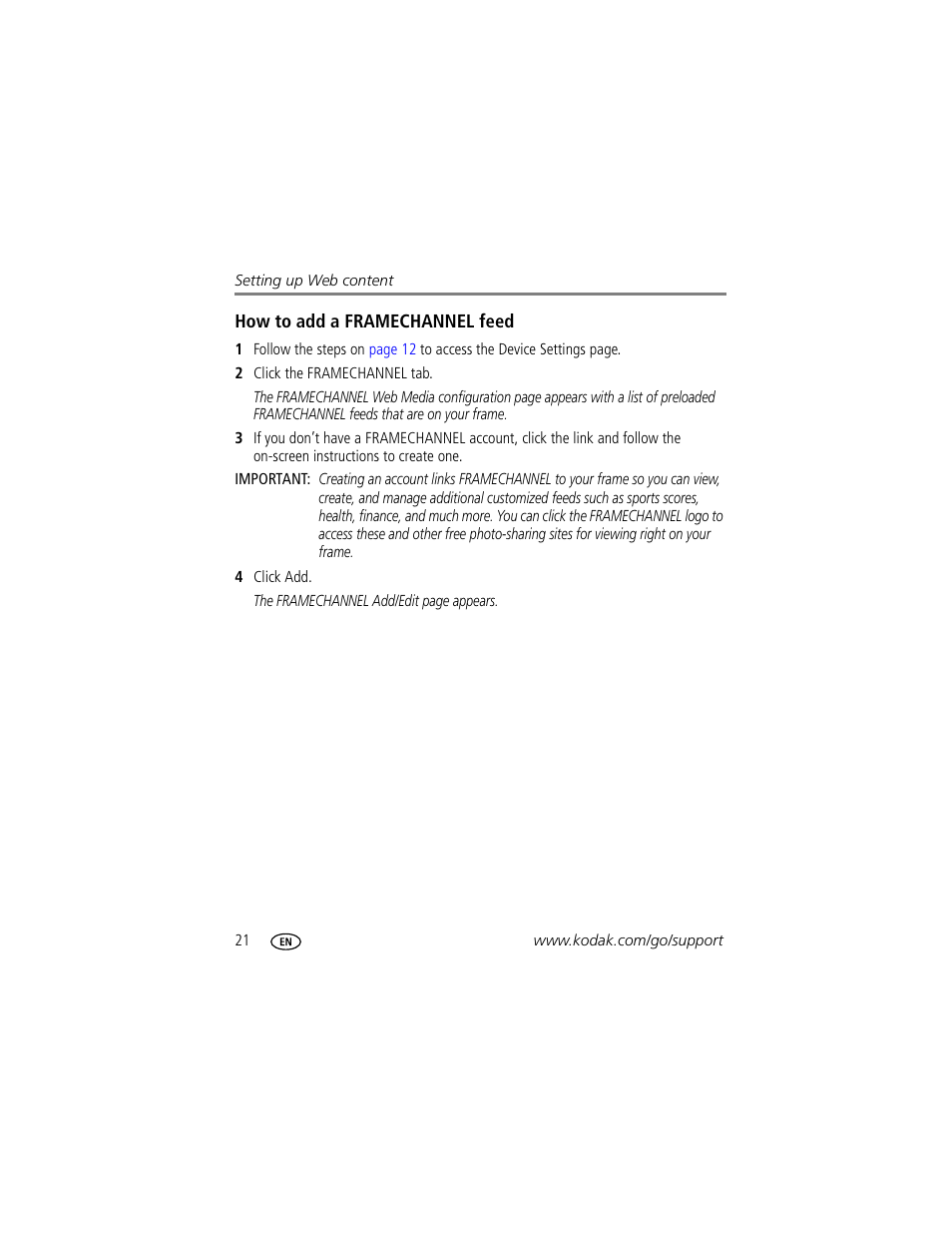 How to add a framechannel feed | Kodak EASYSHARE W820 User Manual | Page 28 / 92