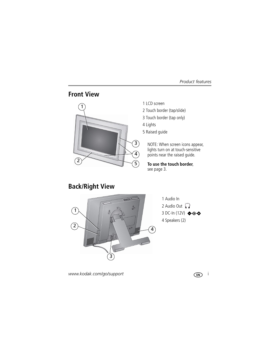 Product features, Front view, Back/right view | Front view back/right view | Kodak EASYSHARE W820 User Manual | Page 3 / 92