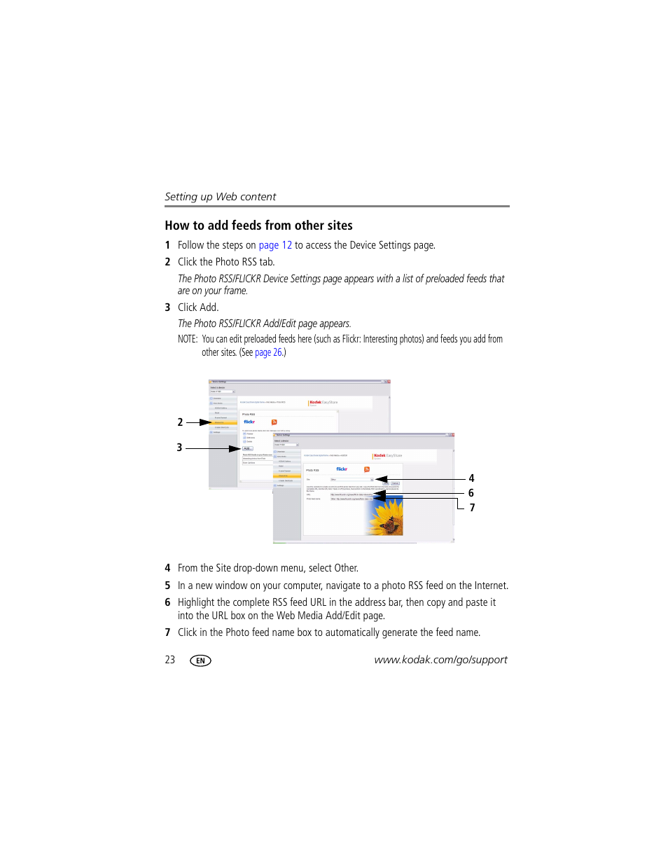 How to add feeds from other sites | Kodak EASYSHARE W820 User Manual | Page 30 / 92