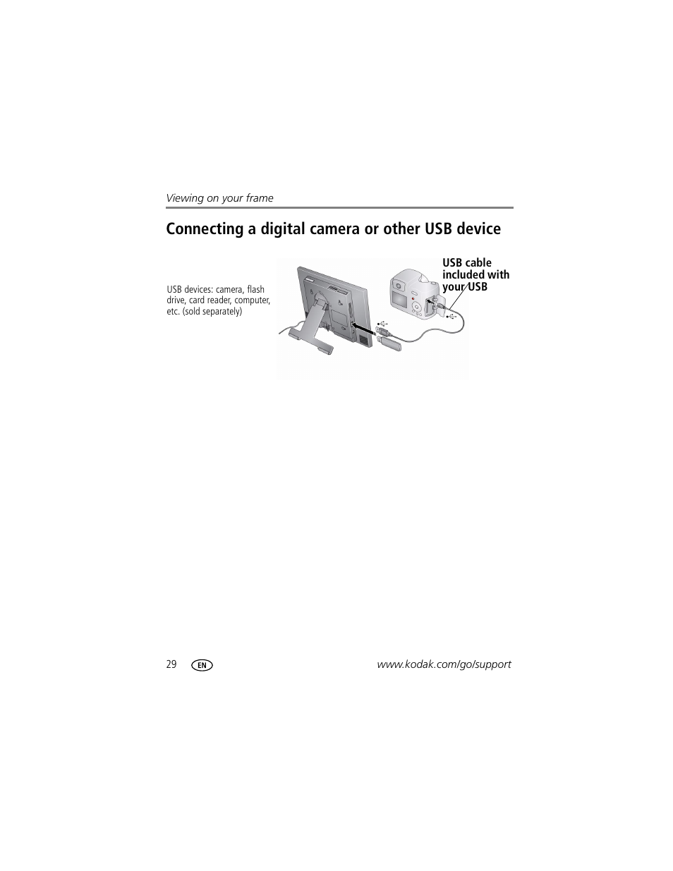 Connecting a digital camera or other usb device | Kodak EASYSHARE W820 User Manual | Page 36 / 92