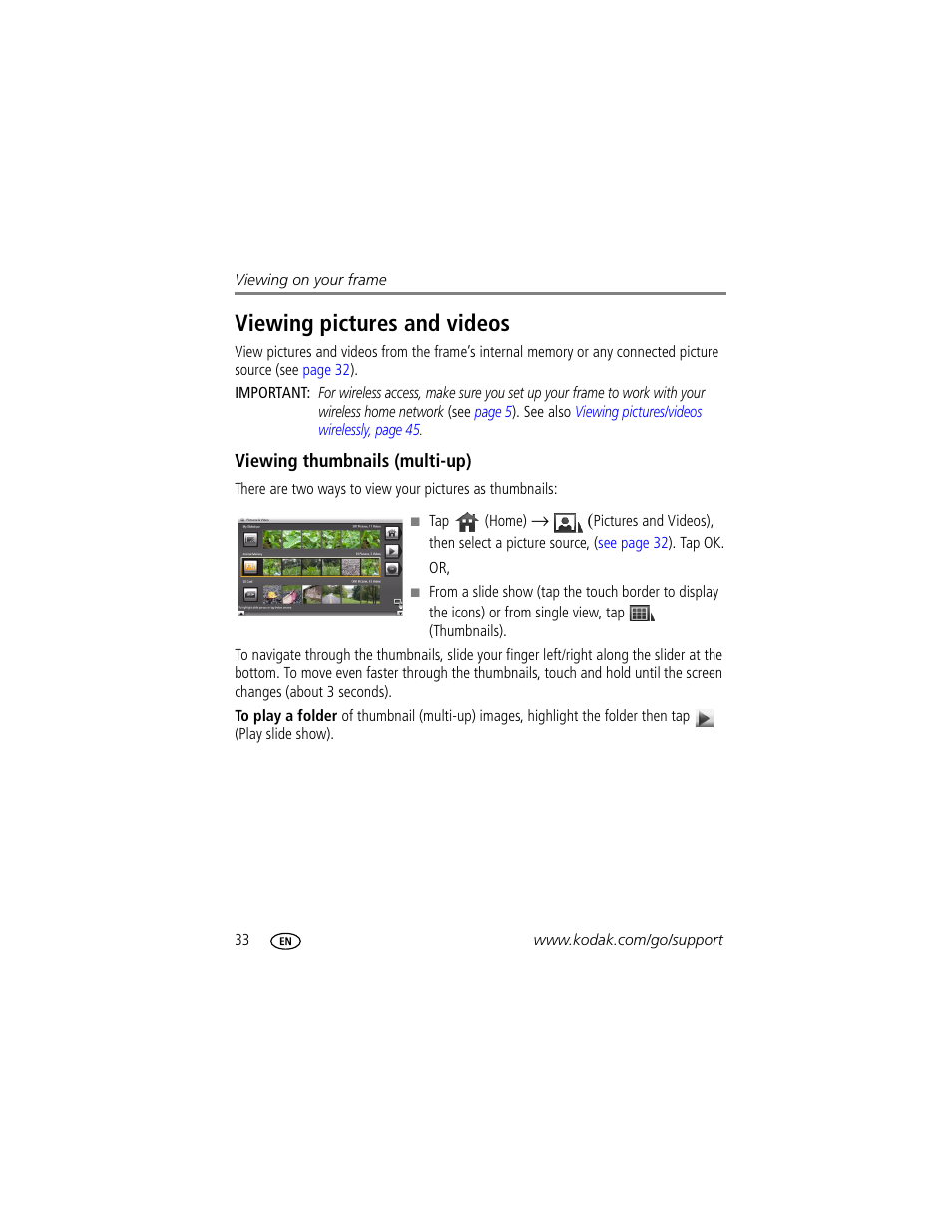 Viewing pictures and videos, Viewing thumbnails (multi-up) | Kodak EASYSHARE W820 User Manual | Page 40 / 92