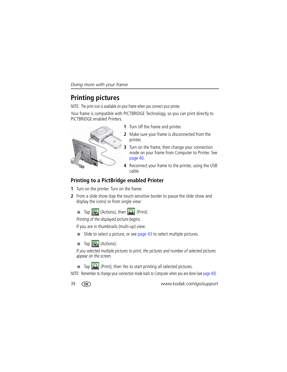 Printing pictures, Printing to a pictbridge enabled printer | Kodak EASYSHARE W820 User Manual | Page 46 / 92