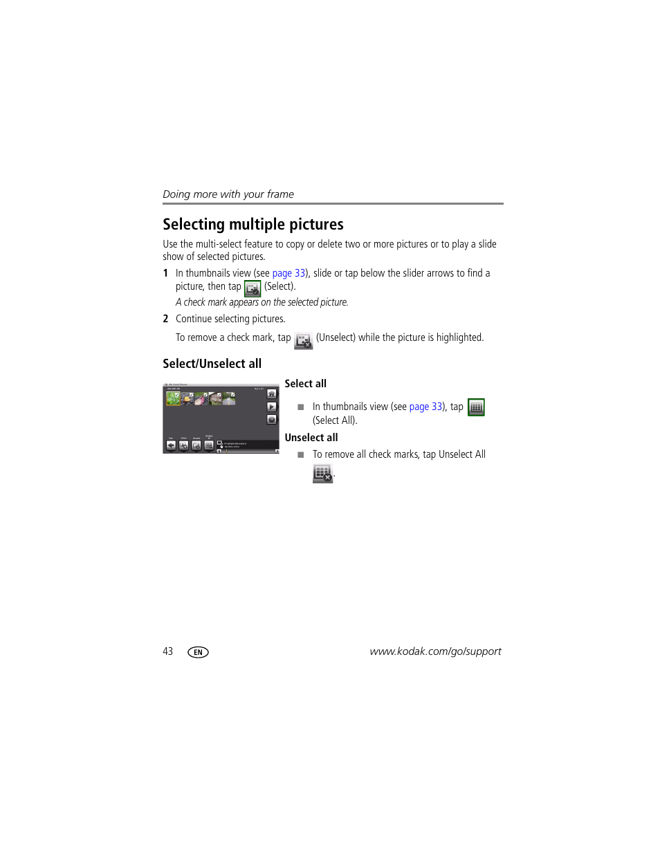 Selecting multiple pictures, Select/unselect all | Kodak EASYSHARE W820 User Manual | Page 50 / 92