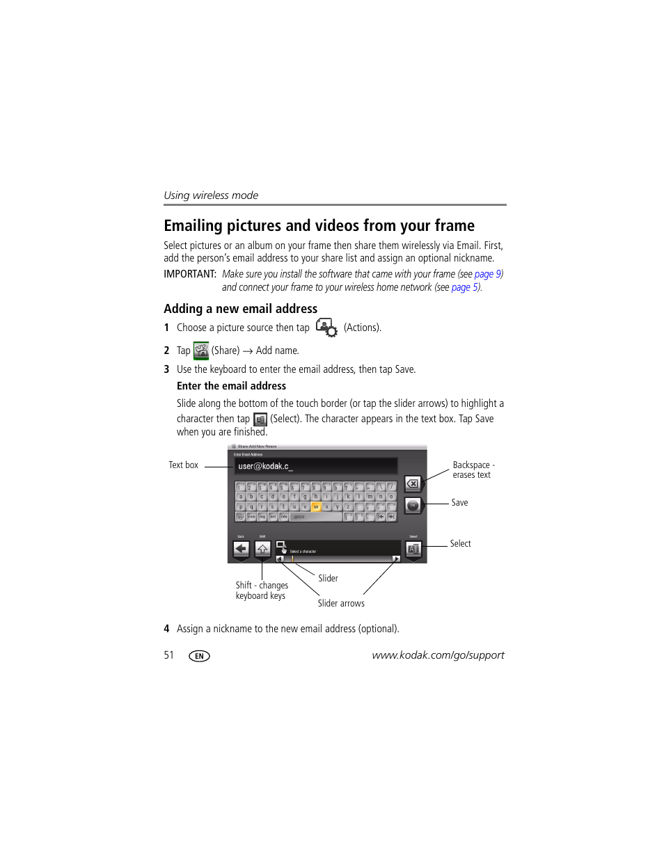 Emailing pictures and videos from your frame, Adding a new email address | Kodak EASYSHARE W820 User Manual | Page 58 / 92