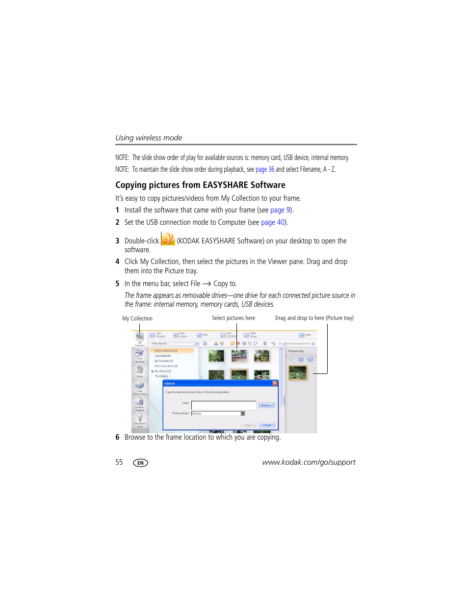 Copying pictures from easyshare software | Kodak EASYSHARE W820 User Manual | Page 62 / 92