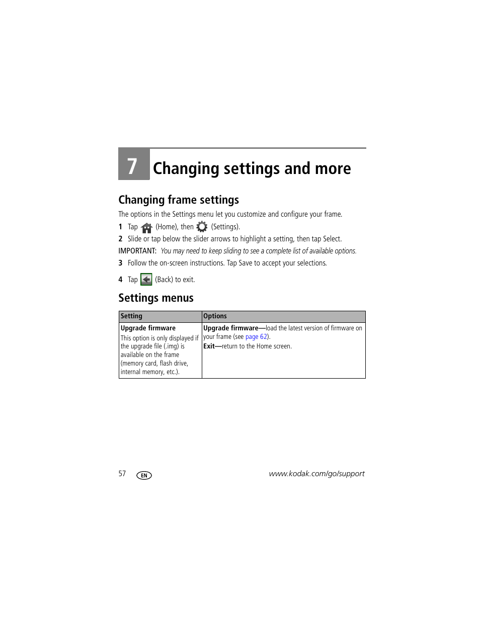 Changing settings and more, Changing frame settings, Settings menus | 7 changing settings and more, Changing frame settings settings menus | Kodak EASYSHARE W820 User Manual | Page 64 / 92