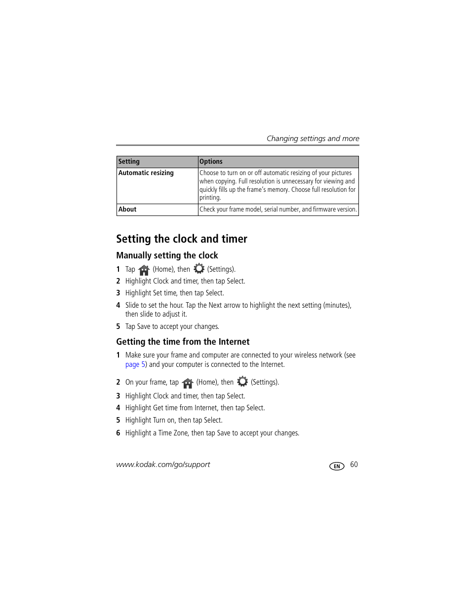 Setting the clock and timer, Manually setting the clock, Getting the time from the internet | Kodak EASYSHARE W820 User Manual | Page 67 / 92