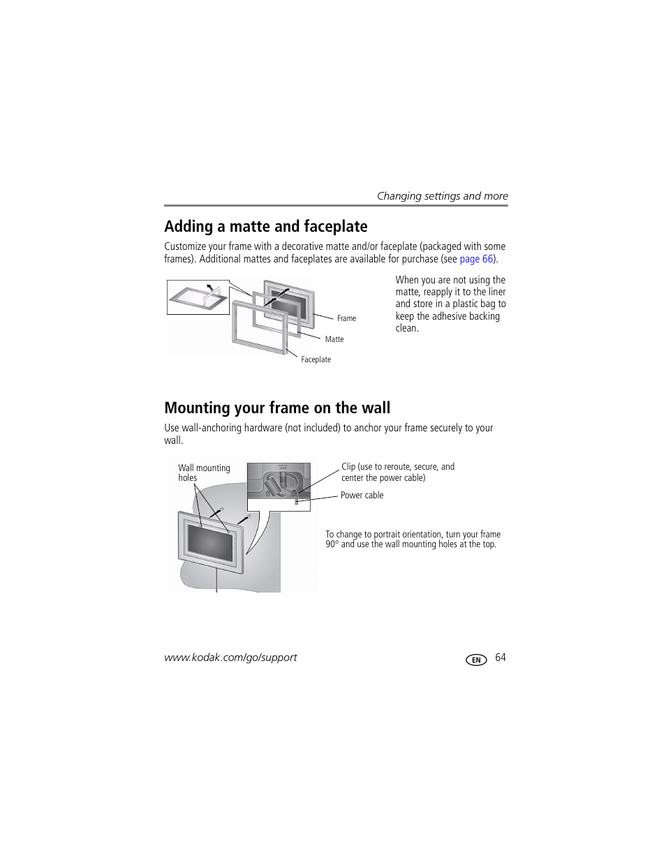 Adding a matte and faceplate, Mounting your frame on the wall | Kodak EASYSHARE W820 User Manual | Page 71 / 92