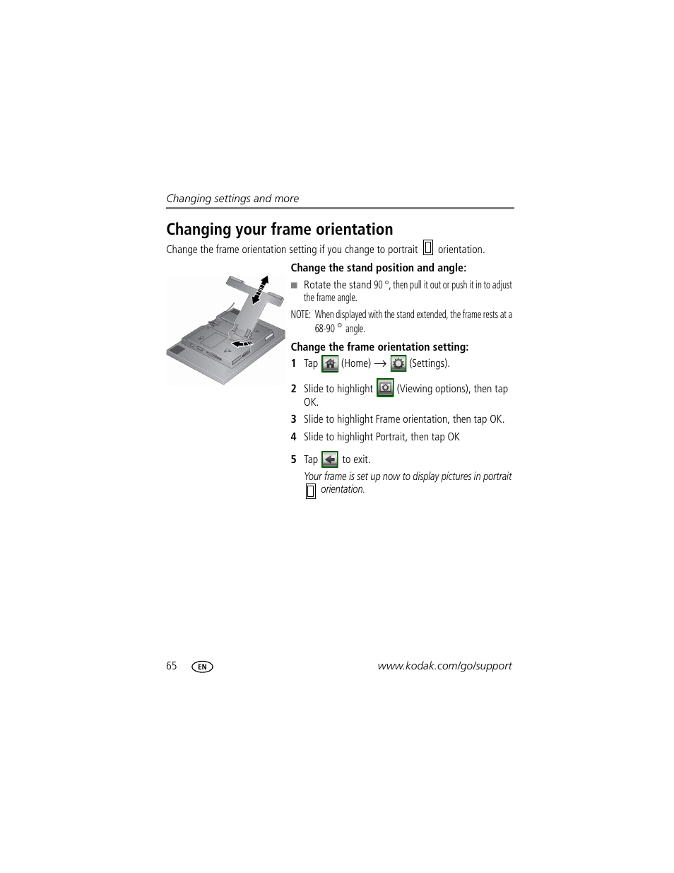 Changing your frame orientation | Kodak EASYSHARE W820 User Manual | Page 72 / 92