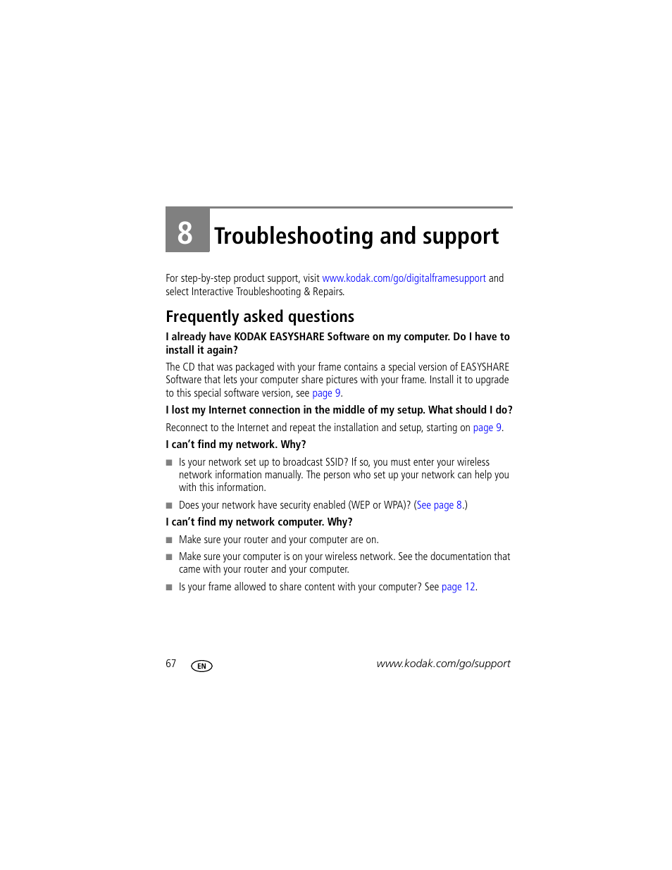 Troubleshooting and support, Frequently asked questions, 8 troubleshooting and support | Kodak EASYSHARE W820 User Manual | Page 74 / 92