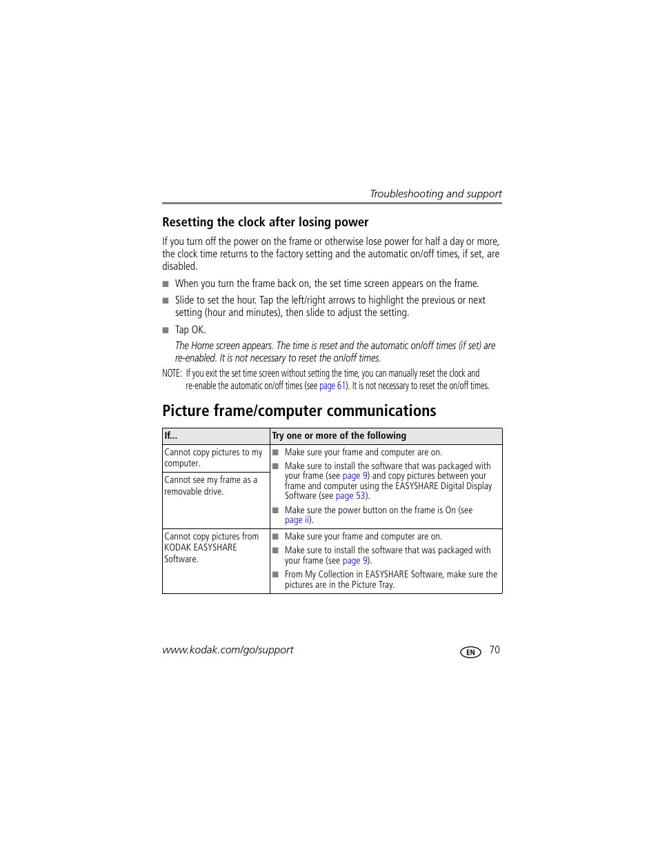 Resetting the clock after losing power, Picture frame/computer communications, Resetting the clock after | Kodak EASYSHARE W820 User Manual | Page 77 / 92