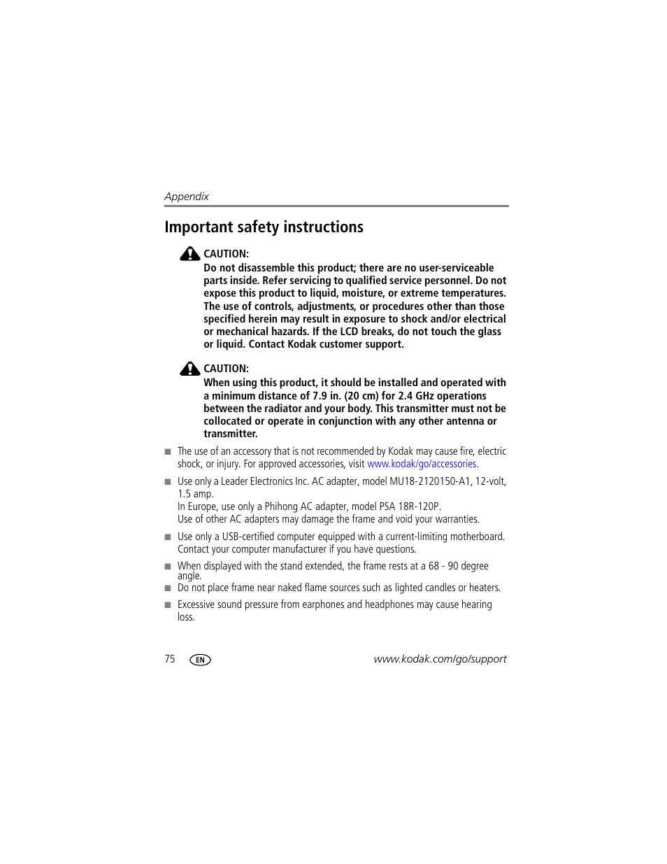 Important safety instructions | Kodak EASYSHARE W820 User Manual | Page 82 / 92