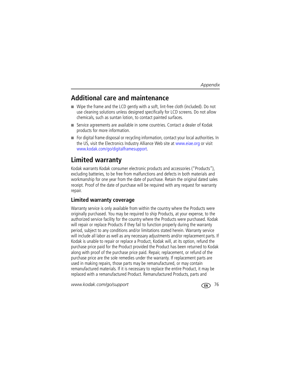 Additional care and maintenance, Limited warranty, Limited warranty coverage | Additional care and maintenance limited warranty | Kodak EASYSHARE W820 User Manual | Page 83 / 92