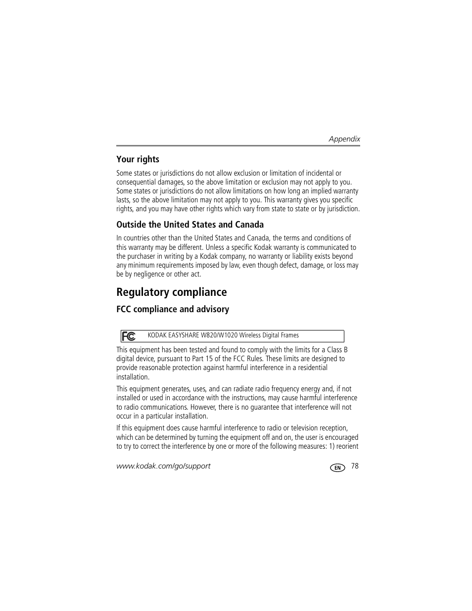 Your rights, Outside the united states and canada, Regulatory compliance | Fcc compliance and advisory | Kodak EASYSHARE W820 User Manual | Page 85 / 92