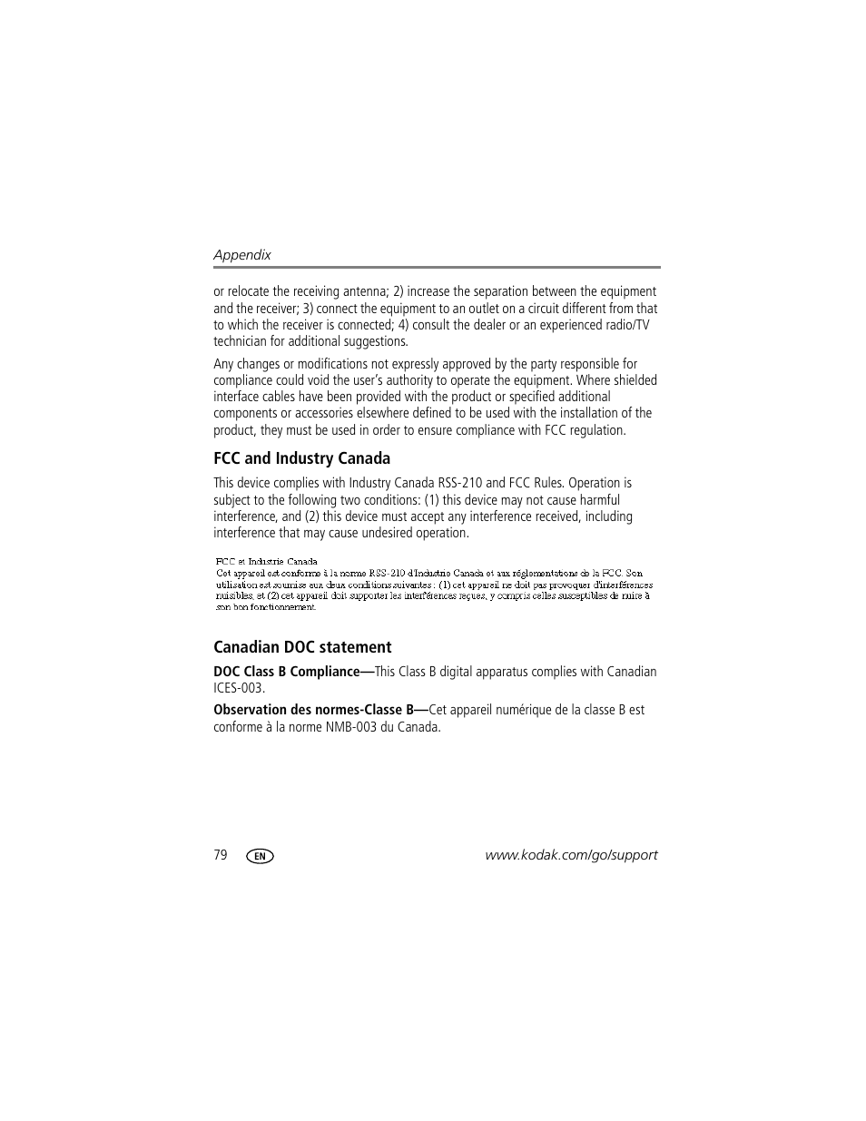 Fcc and industry canada, Canadian doc statement | Kodak EASYSHARE W820 User Manual | Page 86 / 92