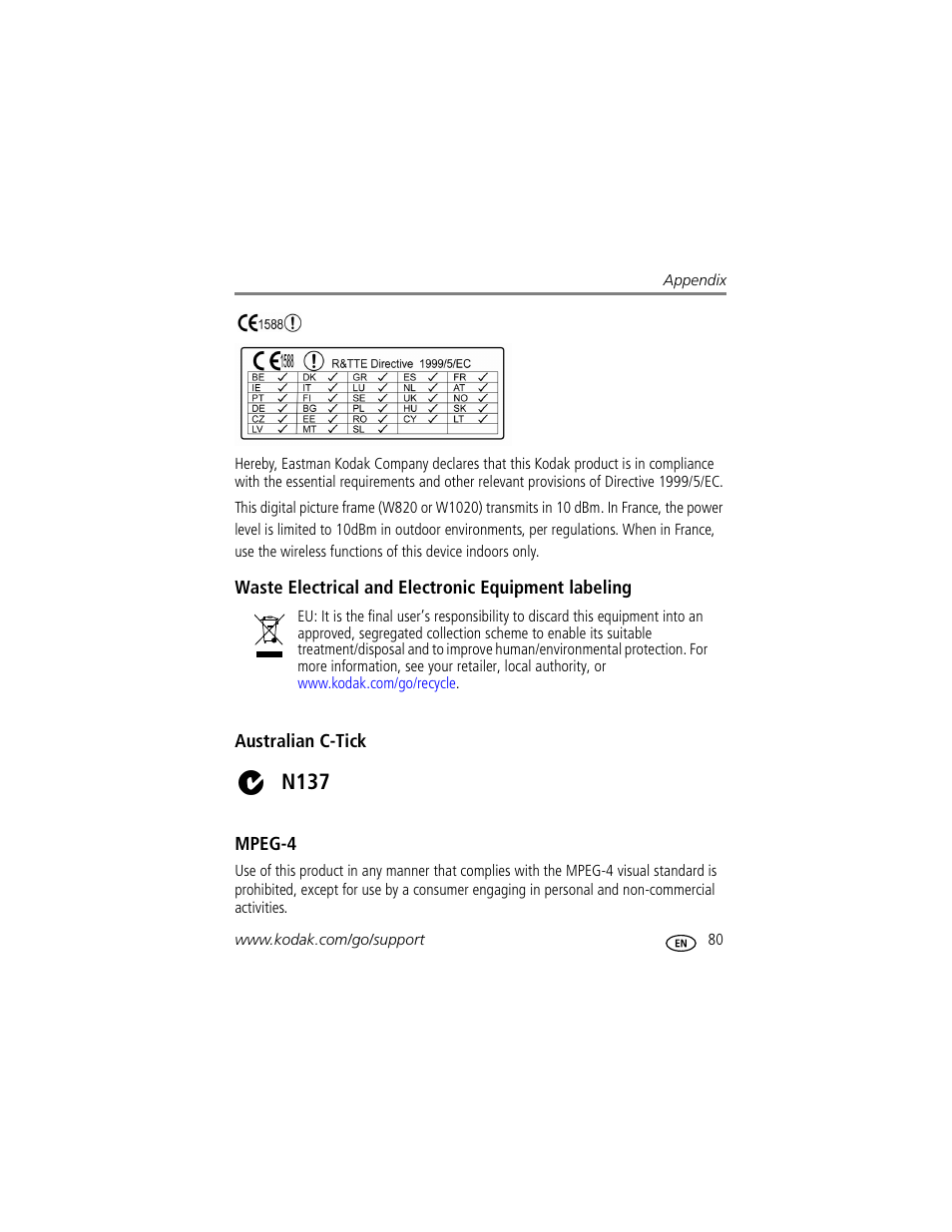 Waste electrical and electronic equipment labeling, Australian c-tick, Mpeg-4 | N137 | Kodak EASYSHARE W820 User Manual | Page 87 / 92