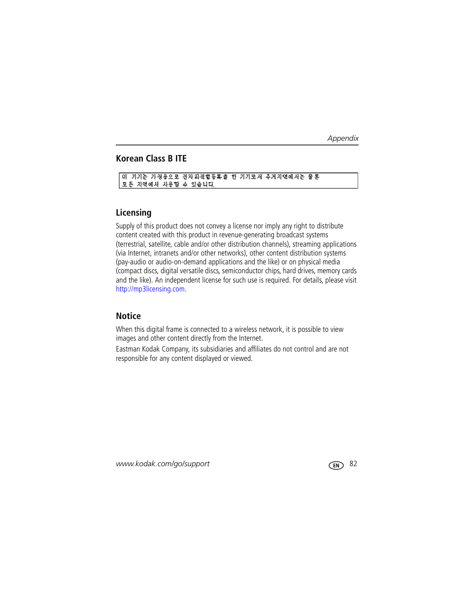 Korean class b ite, Licensing, Notice | Kodak EASYSHARE W820 User Manual | Page 89 / 92