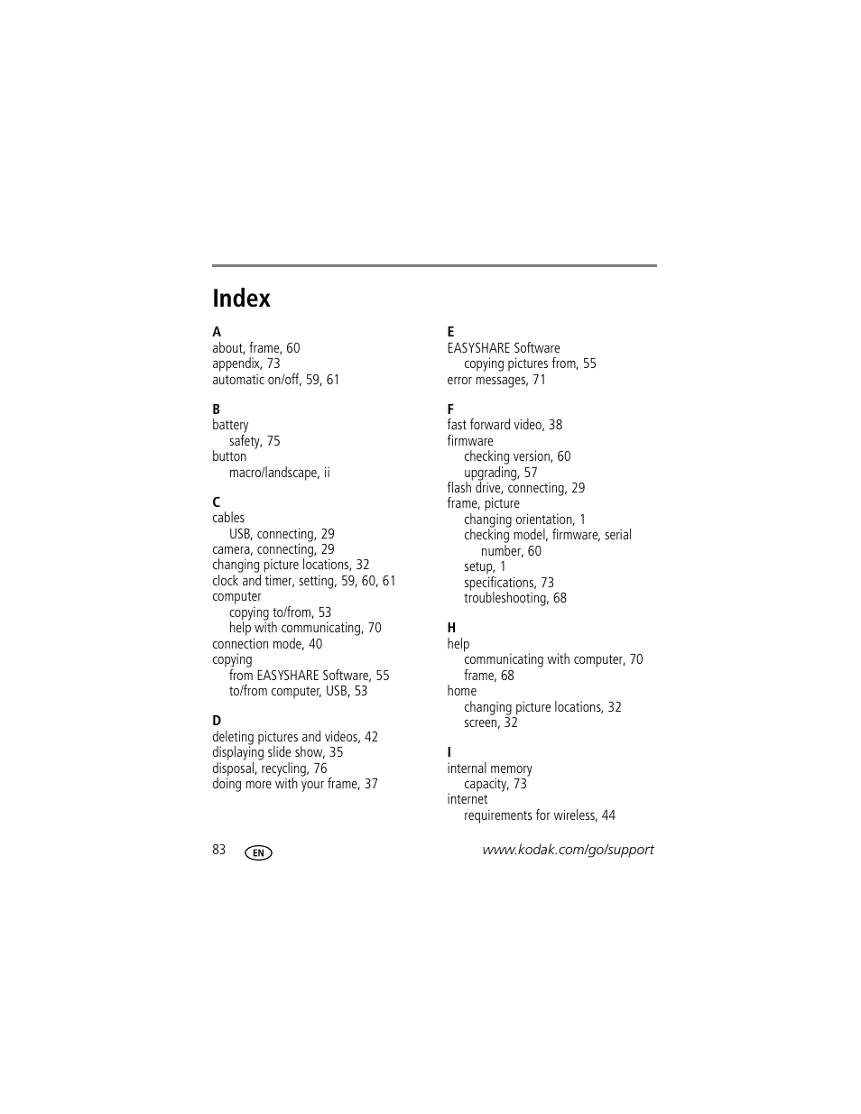 Index | Kodak EASYSHARE W820 User Manual | Page 90 / 92