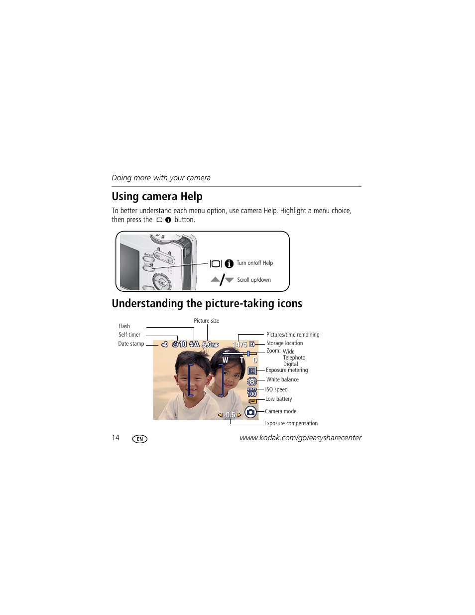 Using camera help, Understanding the picture-taking icons | Kodak C513 User Manual | Page 14 / 26