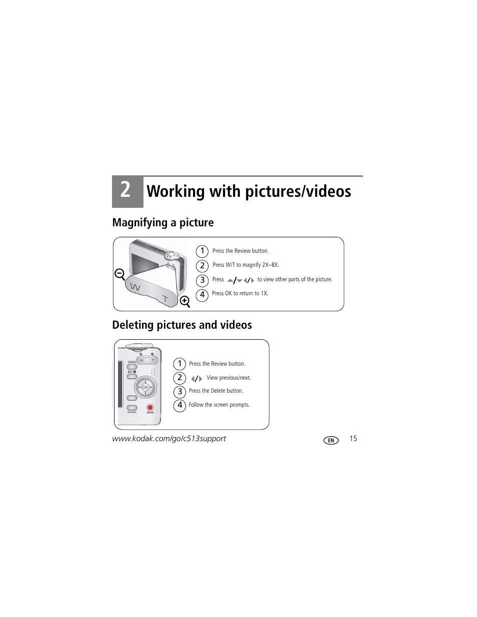 Working with pictures/videos, Magnifying a picture deleting pictures and videos | Kodak C513 User Manual | Page 15 / 26