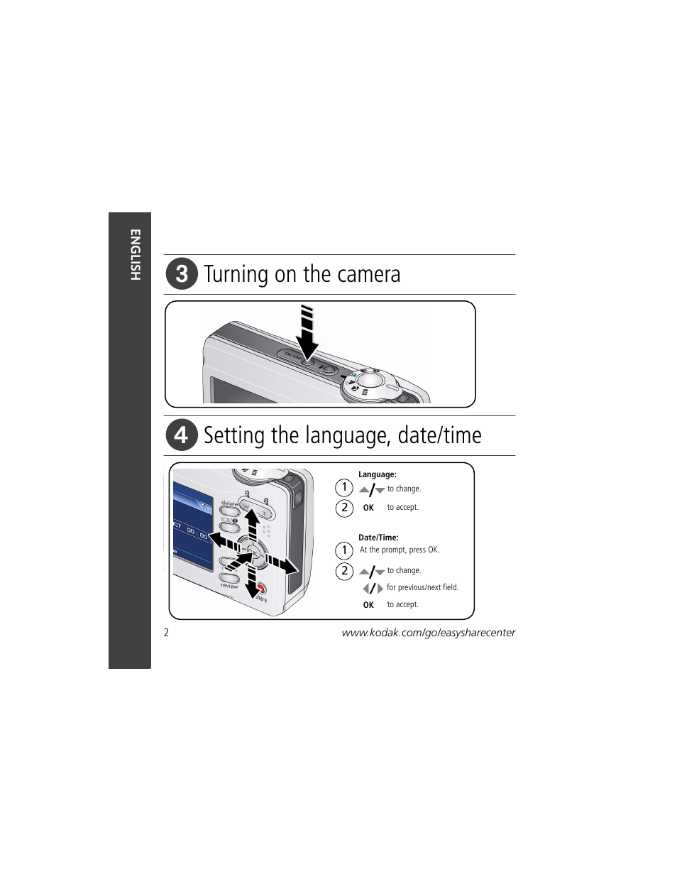 Turning on the camera, Setting the language, date/time | Kodak C513 User Manual | Page 2 / 26