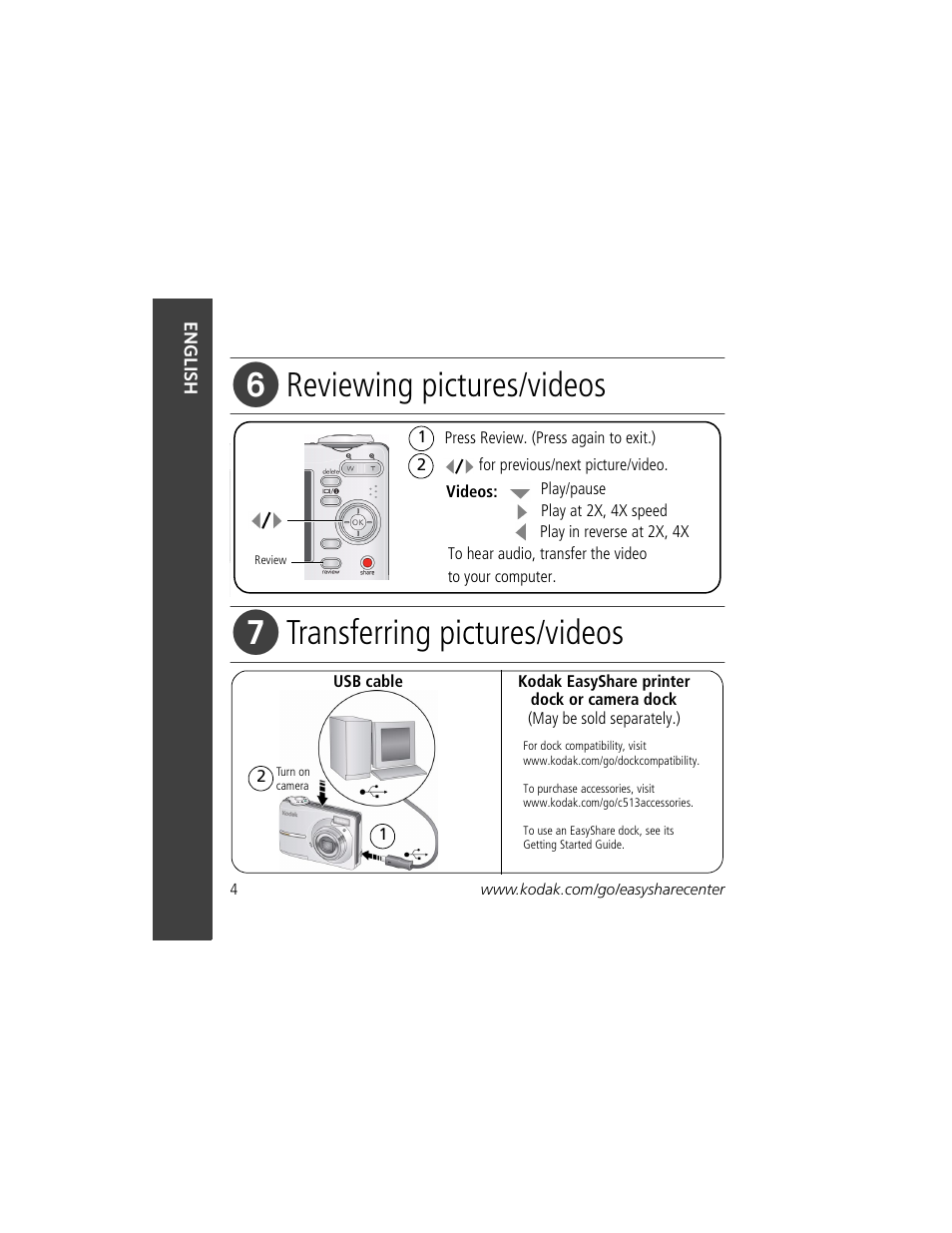 Reviewing pictures/videos, Transferring pictures/videos | Kodak C513 User Manual | Page 4 / 26