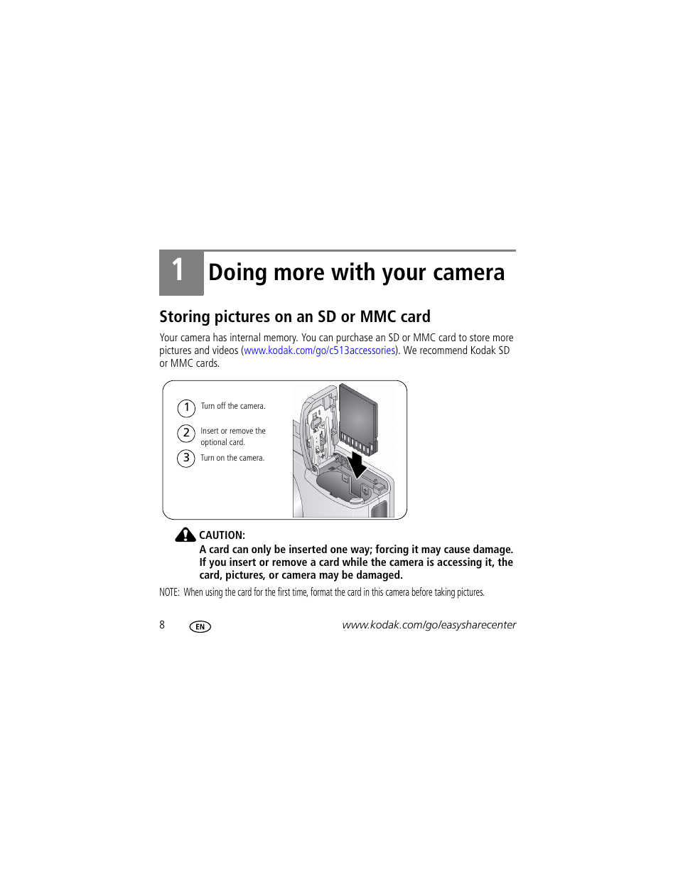 Doing more with your camera, Storing pictures on an sd or mmc card | Kodak C513 User Manual | Page 8 / 26