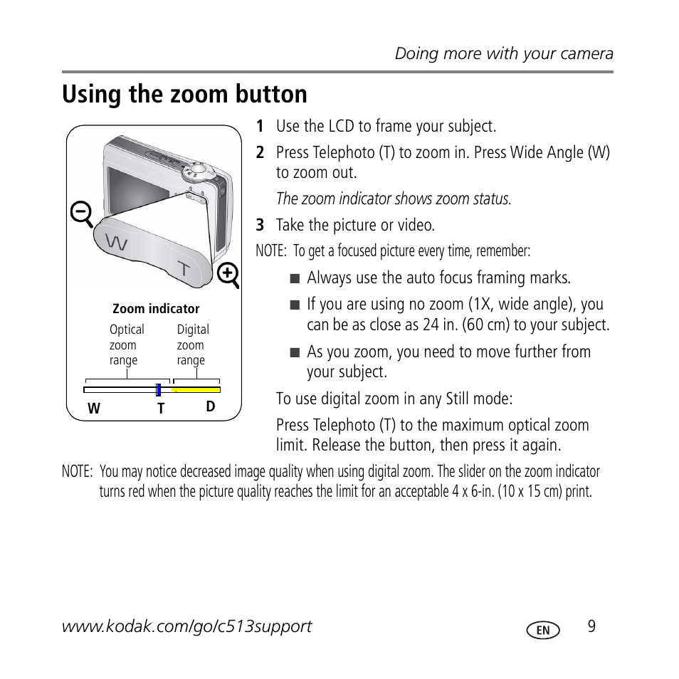 Using the zoom button | Kodak C513 User Manual | Page 9 / 26